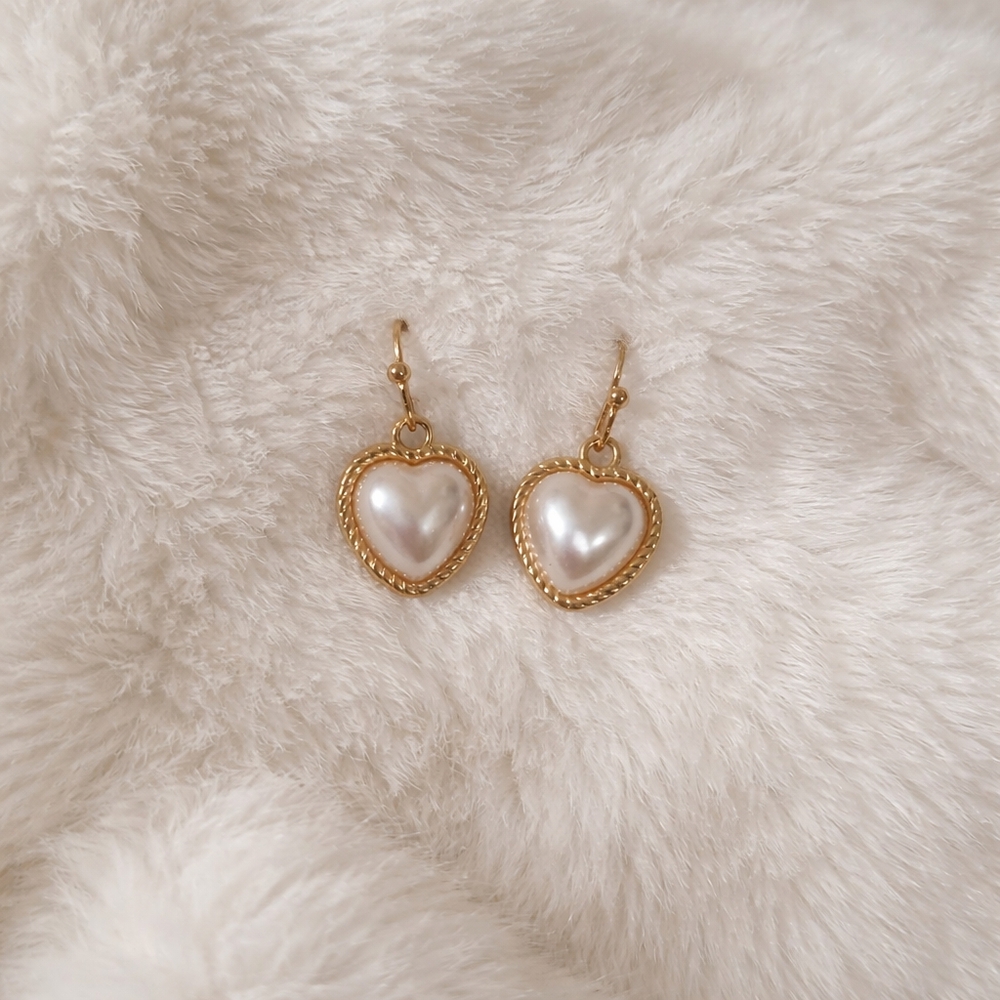 Victorian Pearl Heart Drop Earrings | Romantic Gold Valentine Jewelry